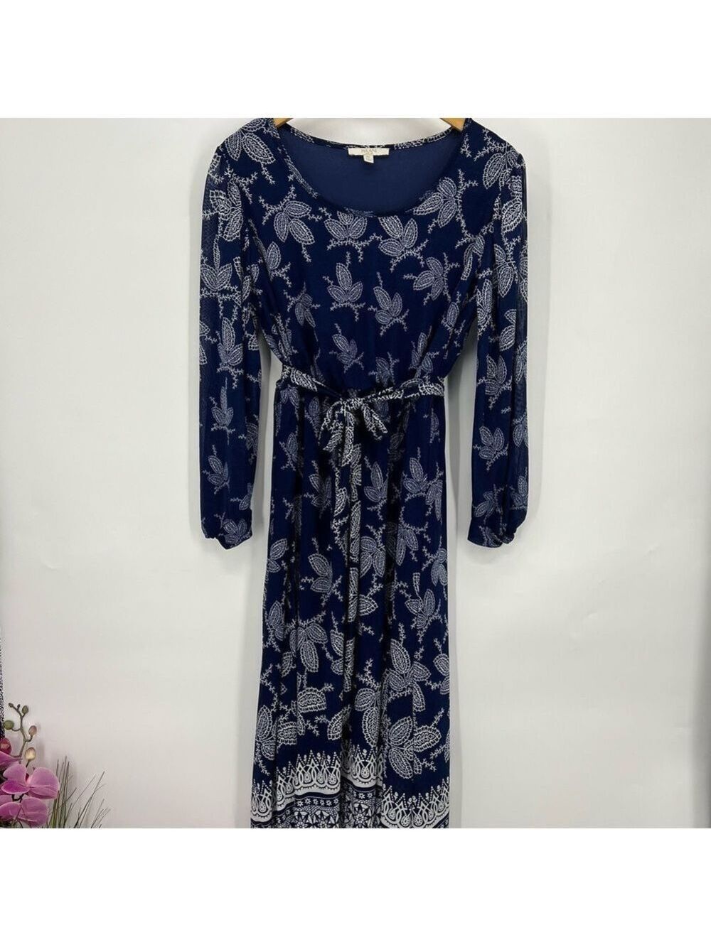 Elegant Navy Blue Floral Dress Midi Scoop Neck Long Sleeve